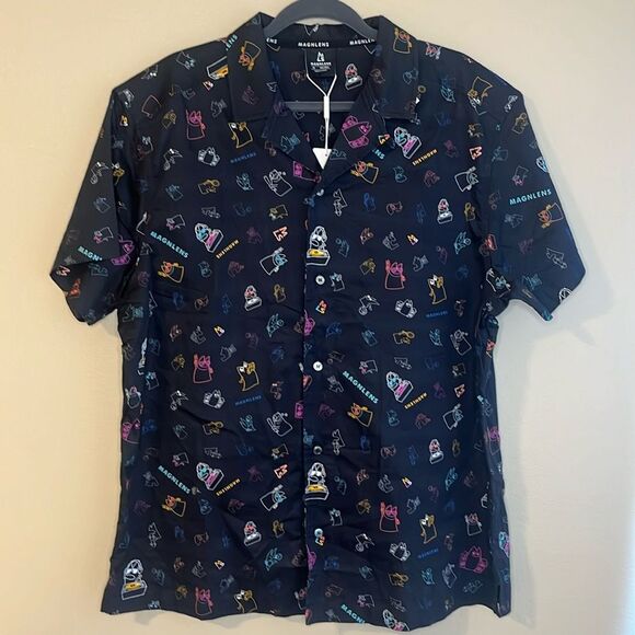 Men’s Short Sleeve Black Printed Button Down Shirt by Magnlens size Medium NWT - Picture 1 of 11